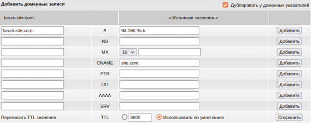 Добавить dns запись ispmanager